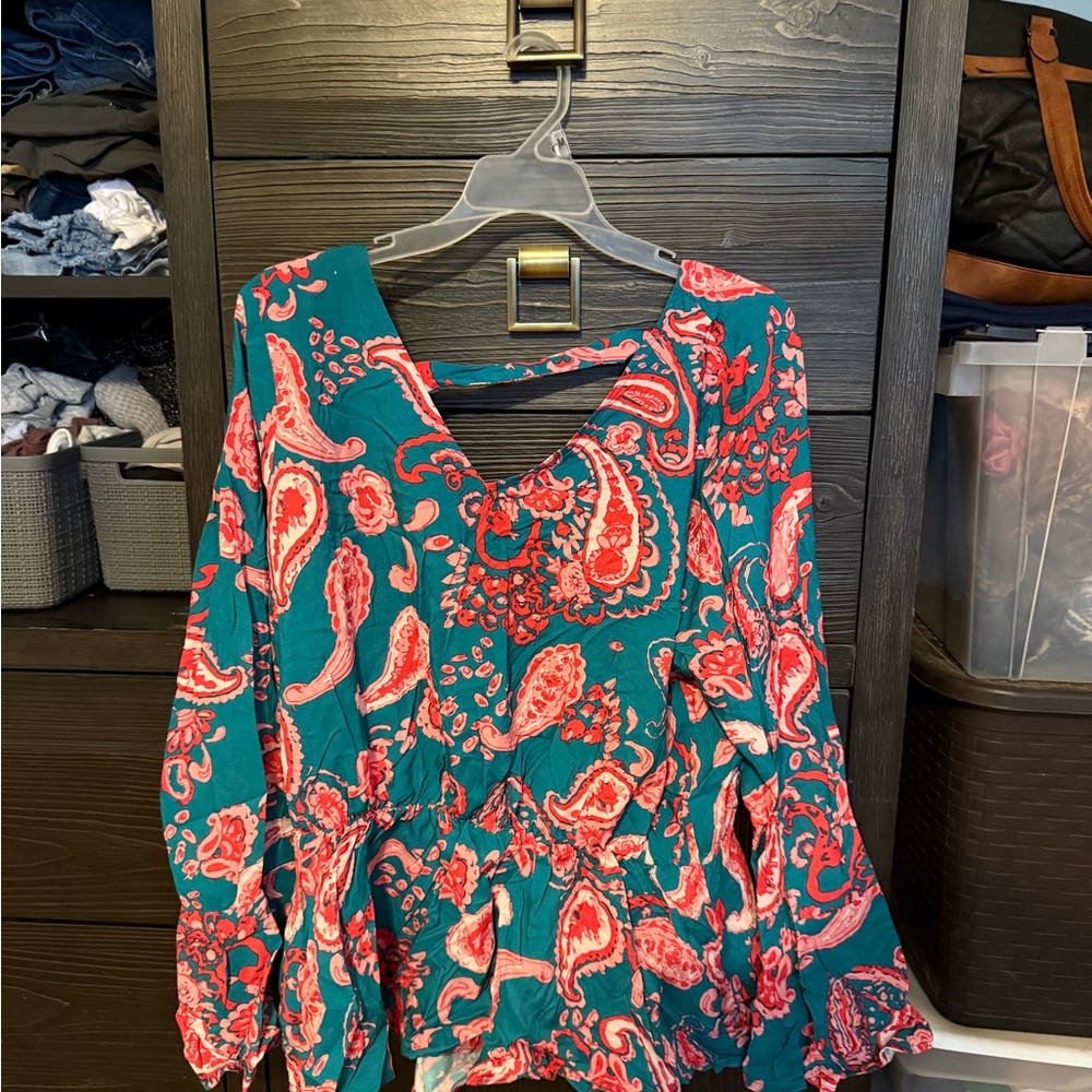 Chic Soul Teal and Red Paisley Blouse